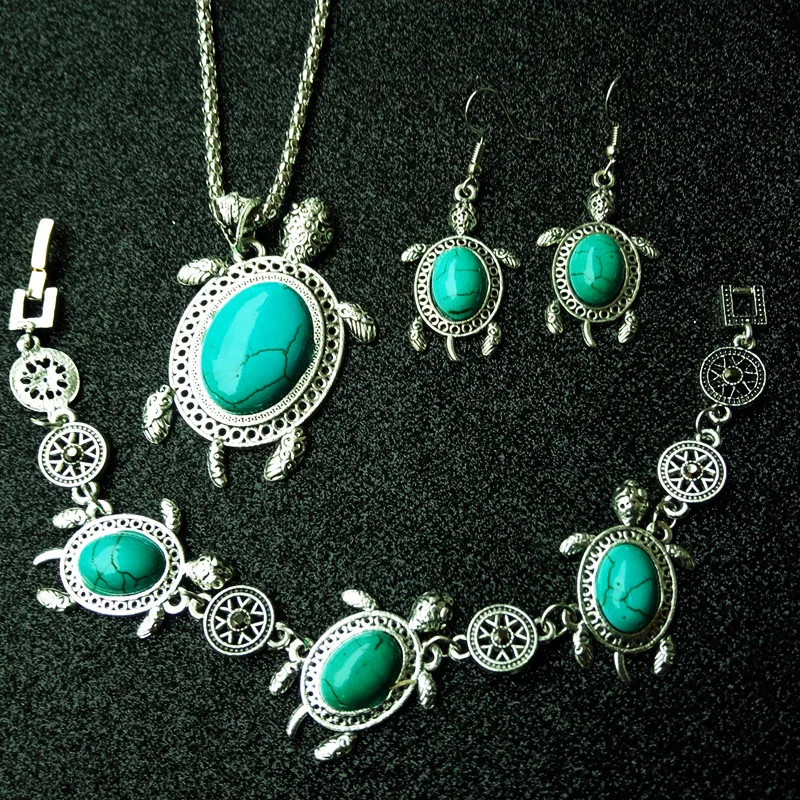 

Turquoise Retro Tortoise Jewelry Sets Pendant Earring Bracelet 925 Silver Necklace Fashion Charm Amulet for Men Women Lucky Gift