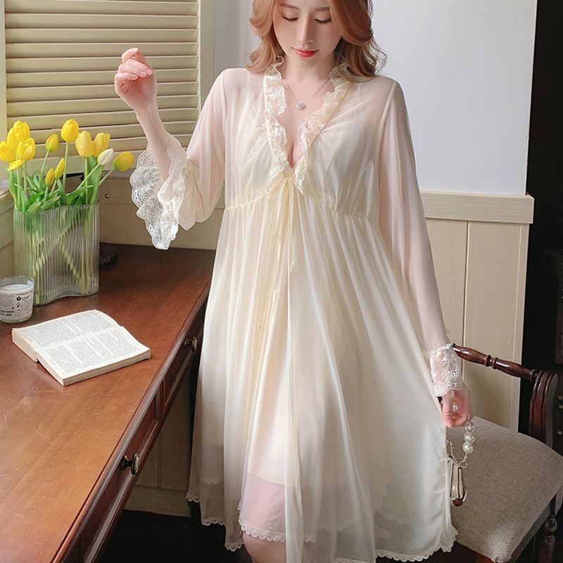 Pajamas Robe Apricot Mesh 2 Piece Set Women Spring Autumn Sleepwear Sexy Lingerie Lace V-Neck Strap Nightgown Retro Home Dress