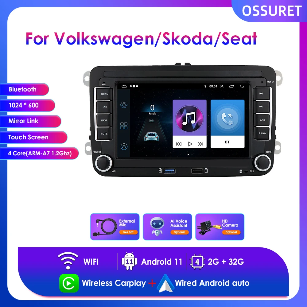 

7" CarPlay Android 11 for VW Volkswagen Golf Polo Tiguan Passat B6 7 SEAT Leon Skoda Octavia Car Radio Multimedia Player GPS BT