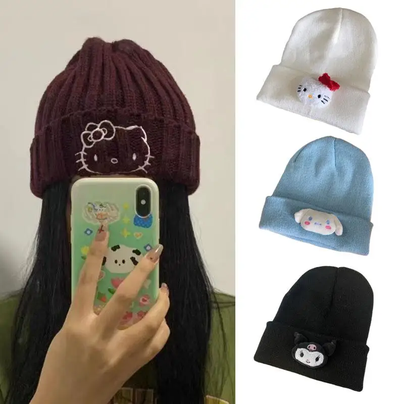 

Cartoon Cute Hellokittys Anime Embroidered Knitted Hat Woolen Sweet Warm Doll Kawaii Winter Outdoor Dome Hat Girl Holiday Gift