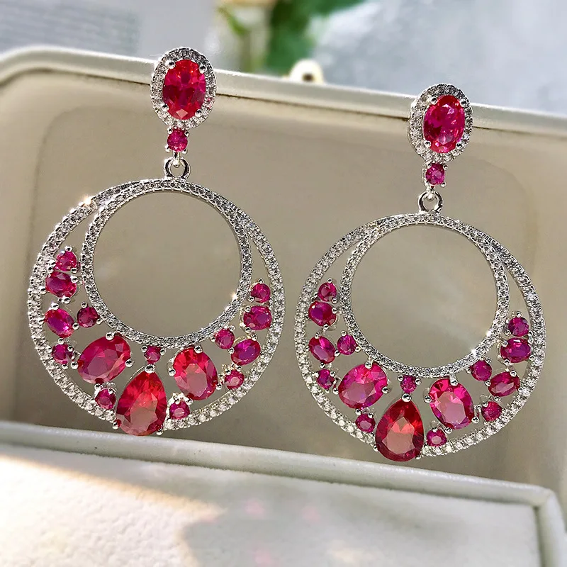 

Vintage Ruby Diamond Dangle Earring 100% Real 925 sterling silver Jewelry Wedding Drop Earrings for Women Bridal Promise Jewelry