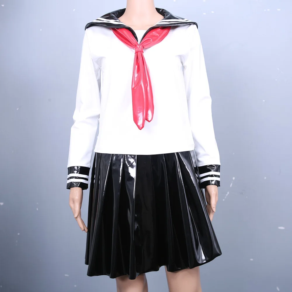 Women Lady Sexy Faux Leather Shirt Skirt Set Suit Black White Red Tie Student Stylish Uniform
