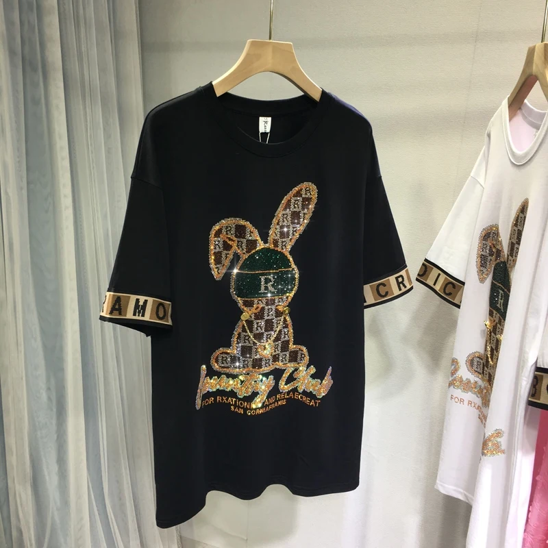 

Популярная летняя хлопковая Футболка BLINGBLING в виде зайчика со сверлением, новинка 2023, уличная одежда, повседневный топ с круглым вырезом, пуловер с коротким рукавом, подходящие ко всему футболки