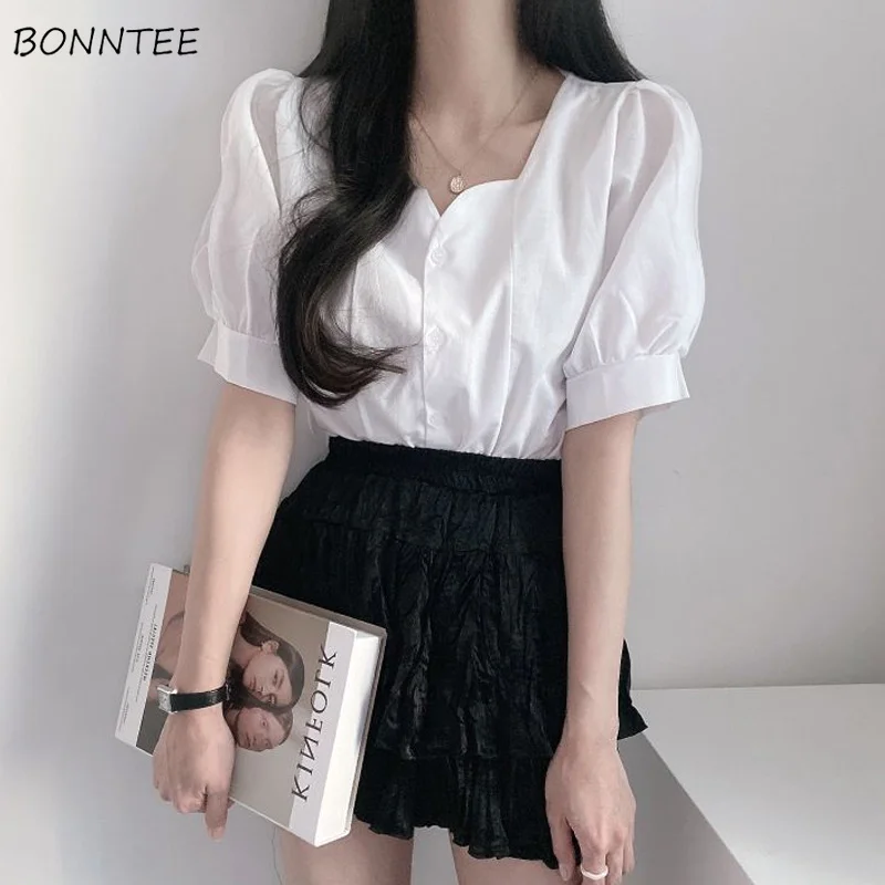 

Рубашка женская с пышными рукавами, однотонная простая универсальная модная блуза в Корейском стиле, с квадратным вырезом, элегантная уютн...