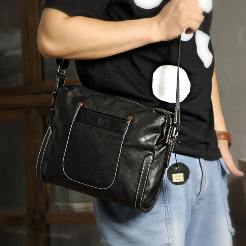 EUMOAN  Original handmade vegetable tanned leather men's bag black stitched cross-body bag men's first layer cowhide casual shou