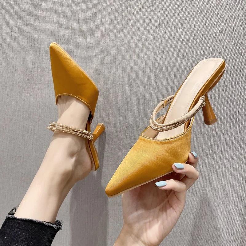 

2023 стильные блестящие стразы женские туфли-лодочки со стразами и бантом, атласные блестящие туфли из натуральной кожи на высоком каблуке, о...