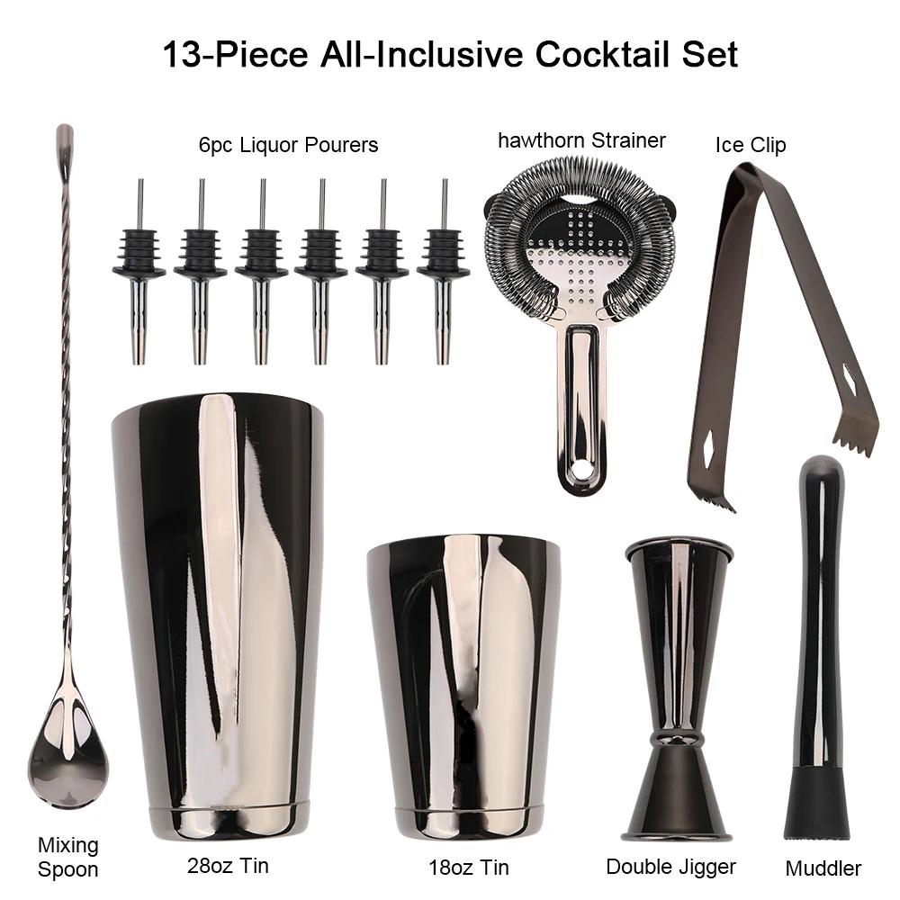 

Boston Shaker Jigger Muddler Pourer Ice Tong Bar Tools Stainless Steel 10pcs/13pcs Set Cocktail Shaker Bar Set