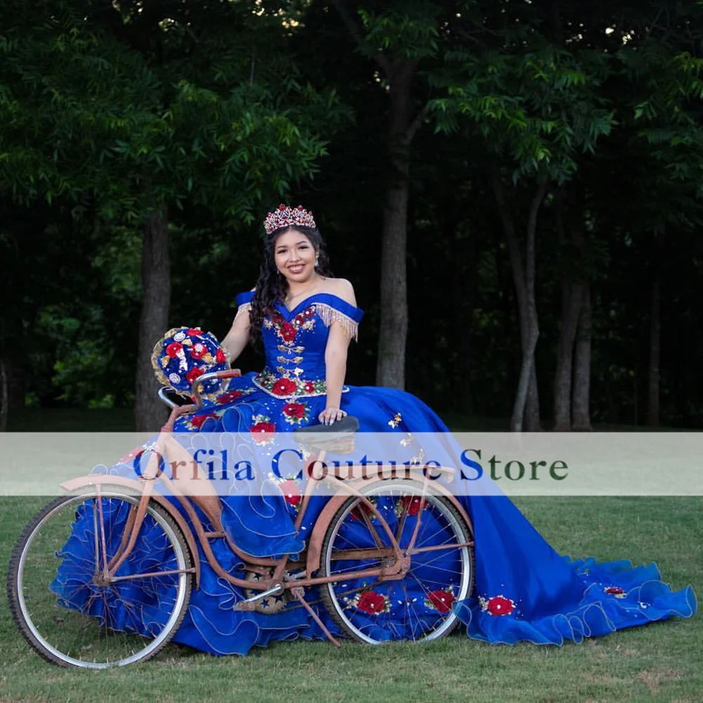 Фото Платья Charro 15 лет синие вышитые платья Quinceanera с открытыми плечами милые 16 мексиканских девушек XV платья для выпускного вечера №3