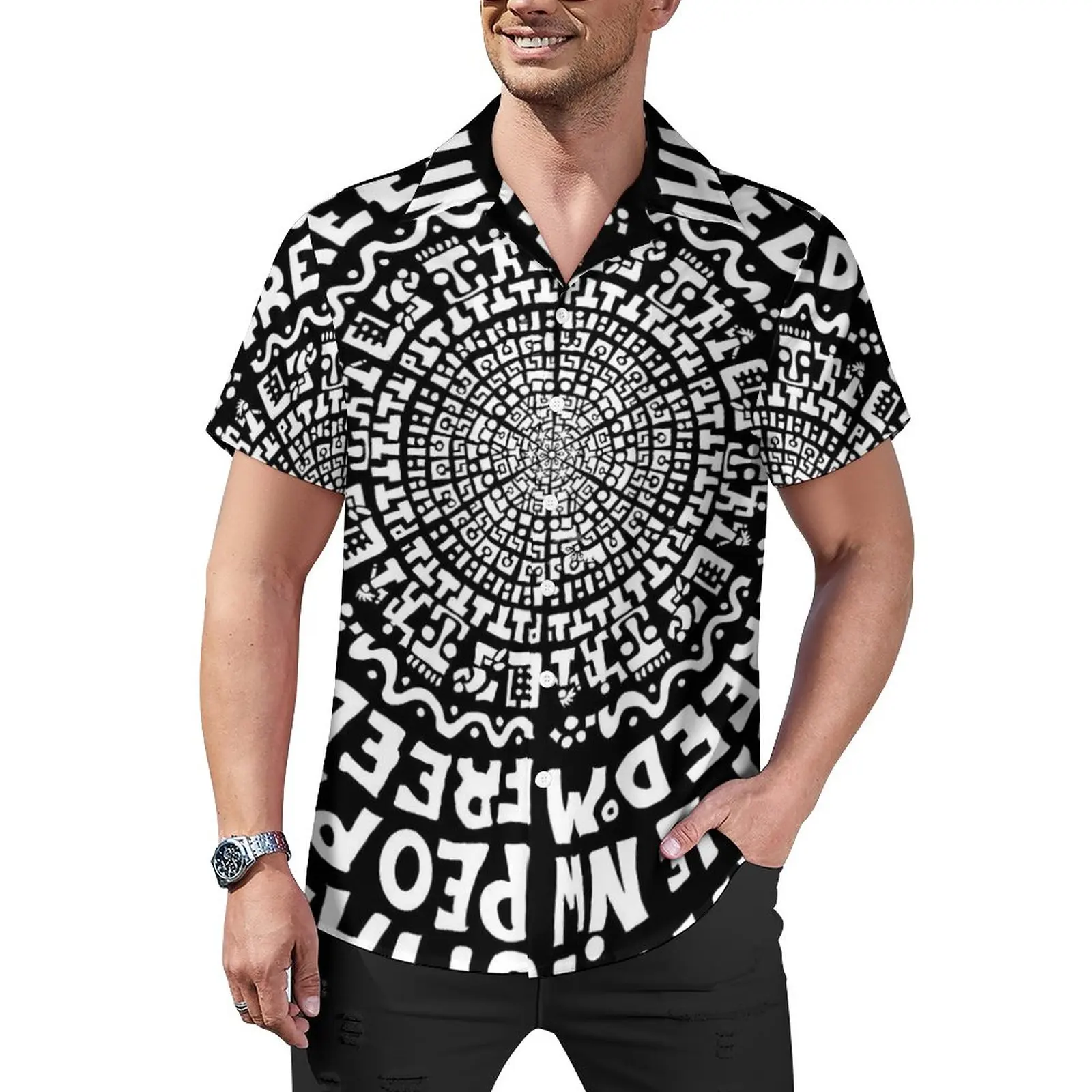 

White Letter Loose Shirt Male Vacation Abstract Mandala Casual Shirts Hawaiian Printed Short Sleeve Y2K Oversize Blouses