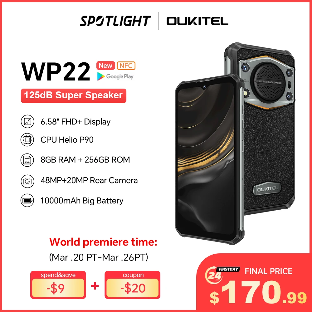 Смартфон Oukitel WP22 защищенный, 6,58 дюйма, FHD +, 10000 мАч, 8 + 256 ГБ, 48 МП, Helio P90