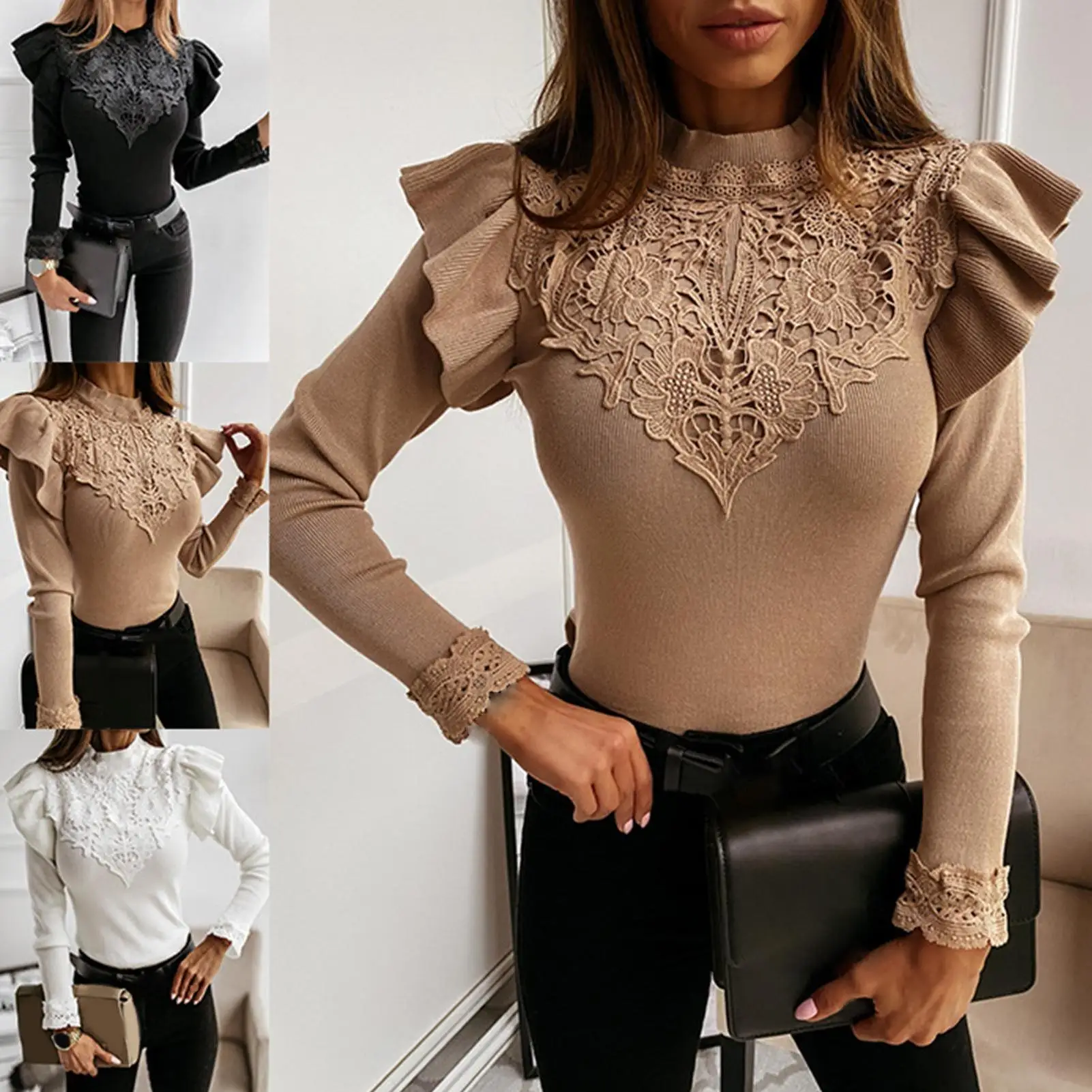 

Новинка, женская модная Осенняя блузка с длинным рукавом и оборками, кружевная Лоскутная Блузка, облегающий Топ, женская рубашка с длинным р...