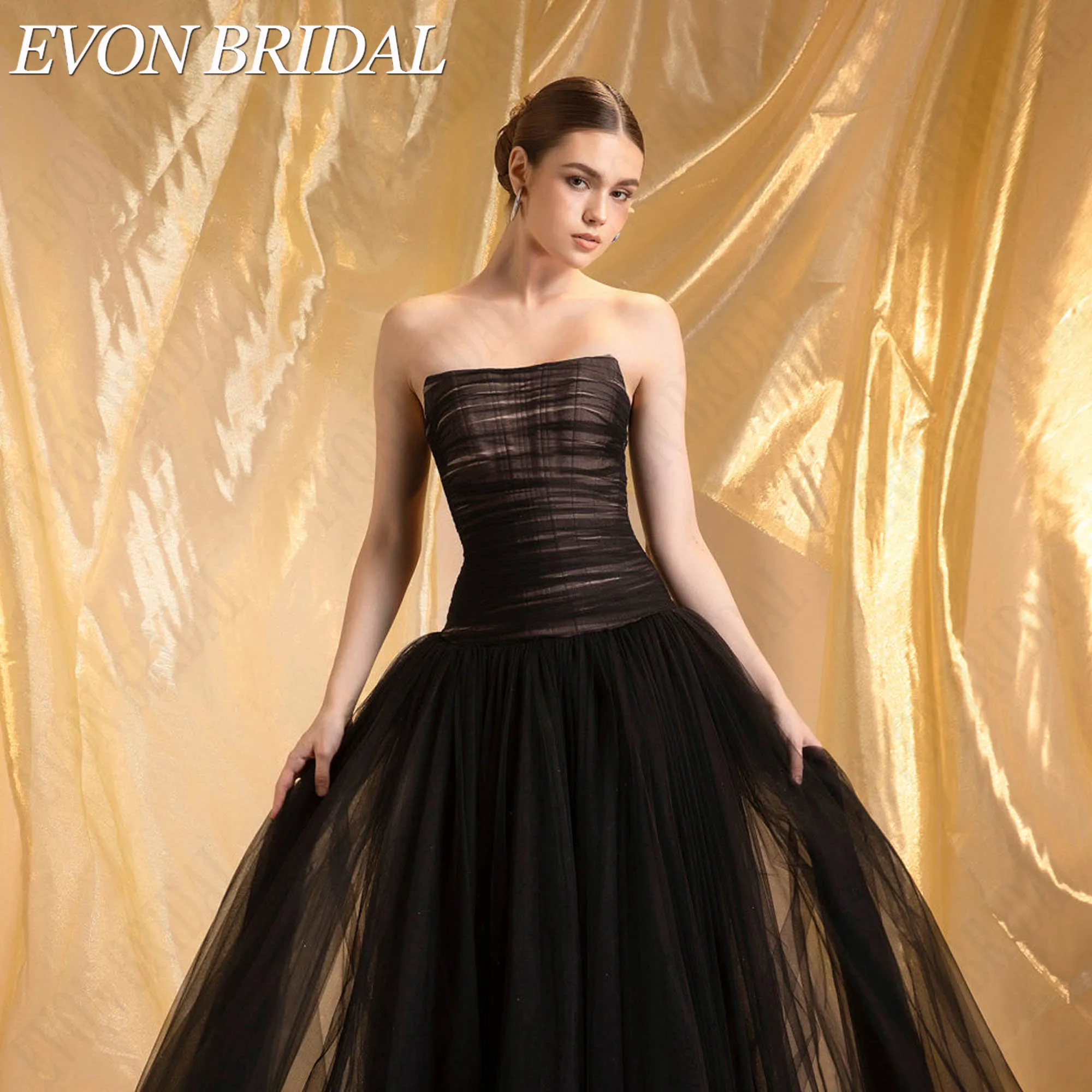 Фото EVON BRIDAL Бесрукавный Банд топ С Горизонтальными Складками Из Тюля Многослойный Легкий Черный Тюль Длинная Очень Широкая А-Линия Юбка Платья С Молнией На Спине Сделанные На Заказ На Официальные Вечерние Мероприятия №4