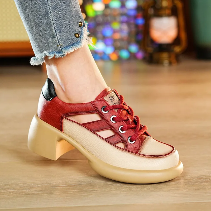 Sandals Women's Genuine Leather 2023 New High Heeled British Style Openwork Casual Single Shoes Roman Luxury Women's Sandals