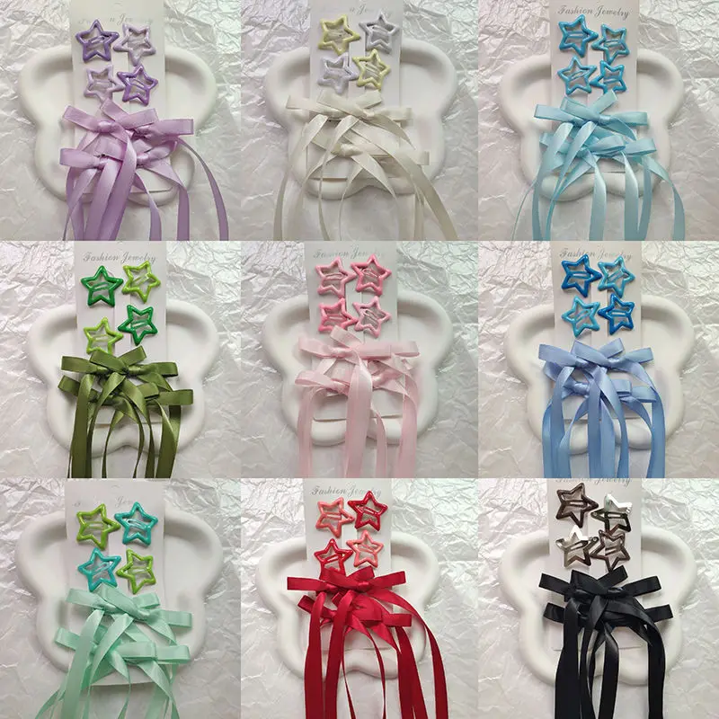 Y2K 6 шт./комплект длинные ленточные заколки для волос с бантом звезда однотонные