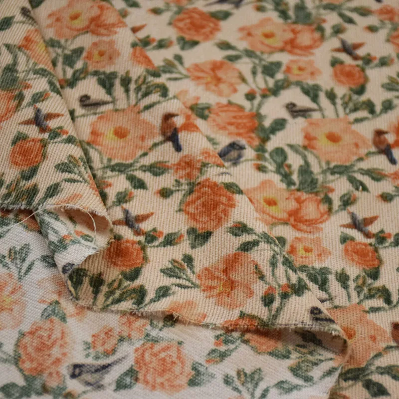 Хлопковая Вельветовая ткань с оранжевым цветочным принтом и птицами платье