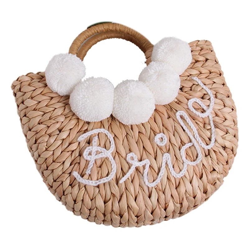 

New Semi-Circular Hollow Straw Bag Colorful Hair Ball Fairy Woven Bag Shoulder Portable Super Fire Beach Handbag