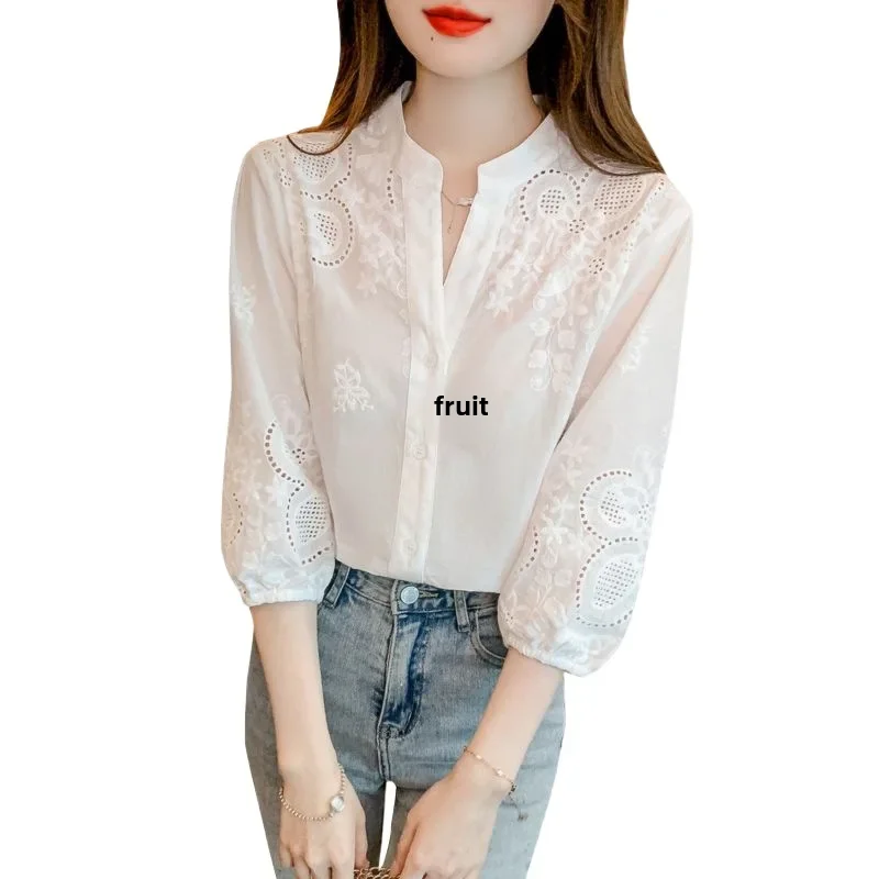 Модная облегающая женская блузка Новинка весна-лето белая рубашка с вышивкой