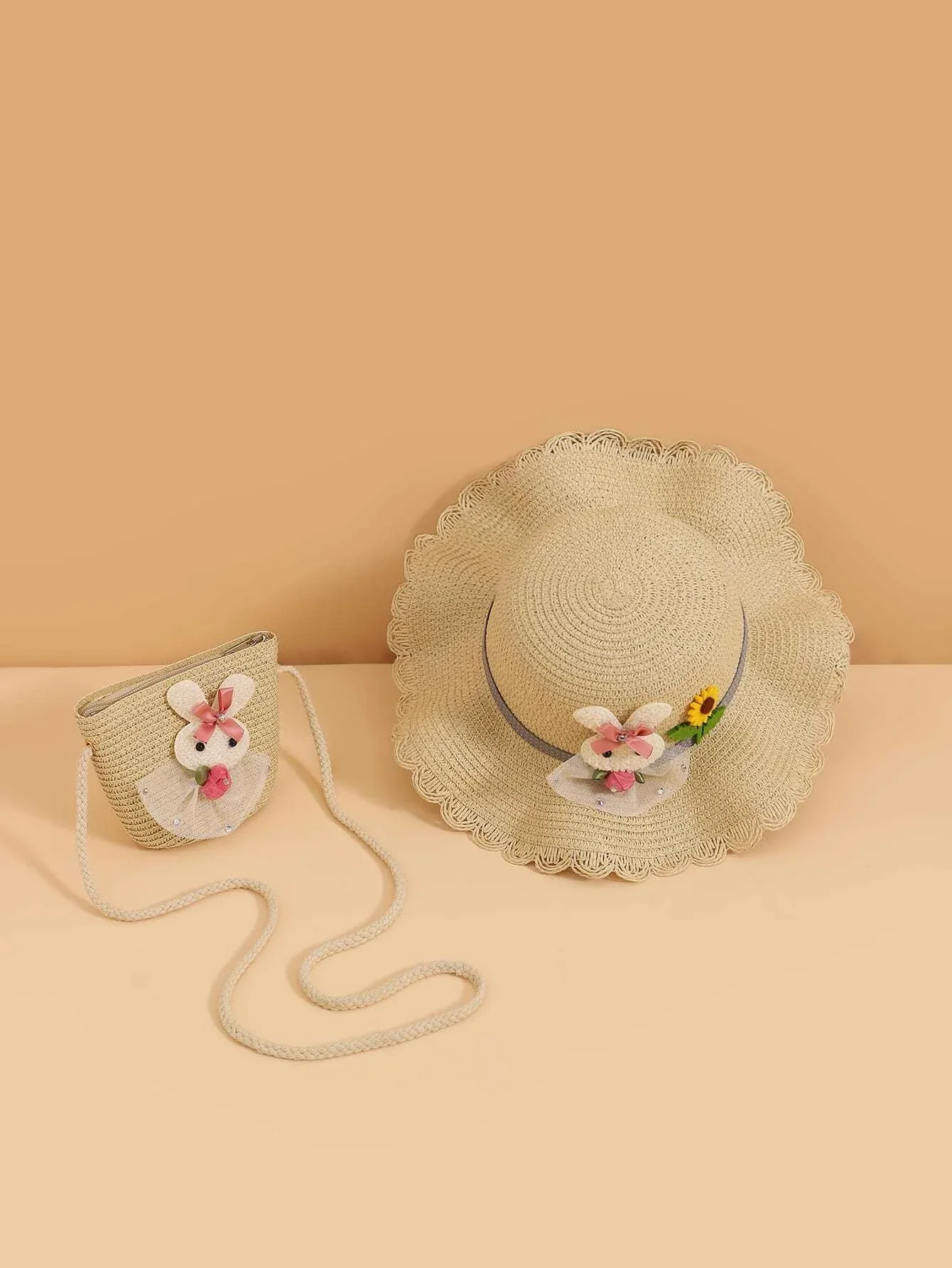 

Hats gorras sombreros capshat Toddler Girls Sunflower & Cartoon Rabbit Decor Straw Hat & Bag beach
