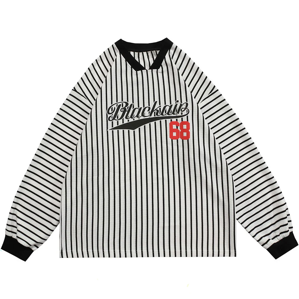 

Свитшот мужской в полоску, трикотажный пуловер оверсайз с буквенным принтом и V-образным вырезом, универсальная одежда в японском стиле для ...