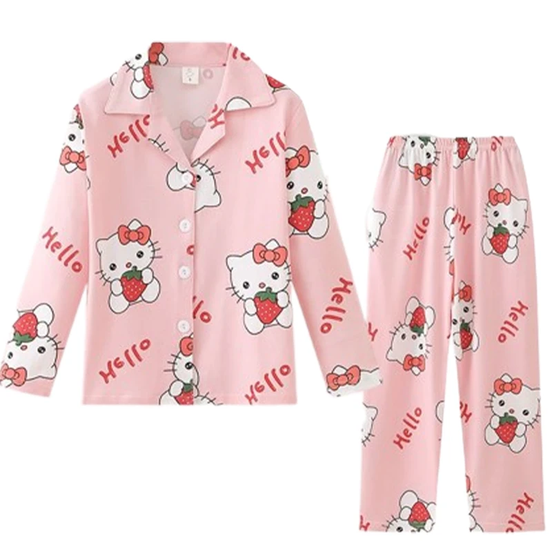 

Пижама Sanrios Hello Kitty Детская, мягкая и удобная, из чистого хлопка, милый мультяшный аниме Домашняя одежда, 2 шт., весна-осень