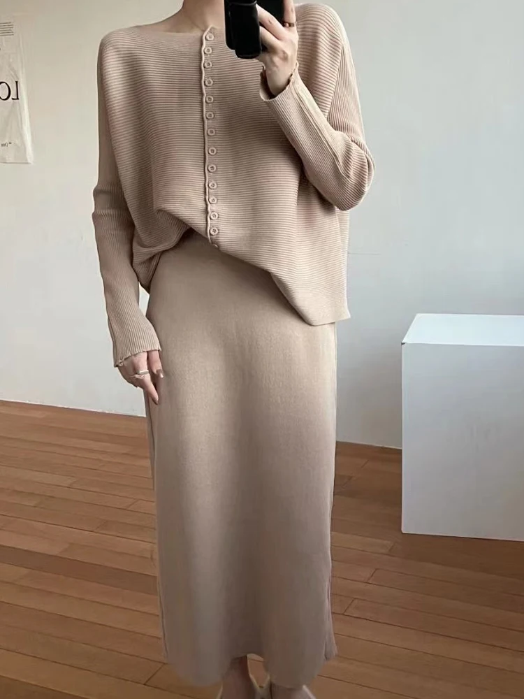 

2022 New Autumn Winter Korean Single Breasted Knitted Cardigan+Long Half Body Dress Two-Piece Sweater Dress Casual Vintage