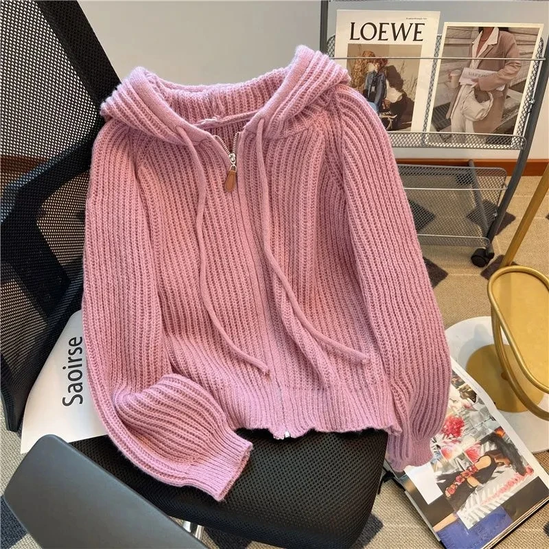 Женский трикотажный кардиган с капюшоном Свободный пуловер цвета хаки на молнии