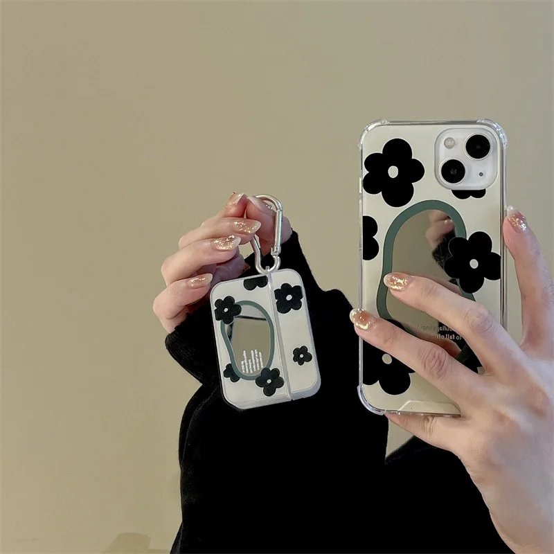 

Japanese Korean Style Sweet Mirror Makeup Simple Green Edge Black Flowers Anti-fall Shell For Airpods 1 2 3 Pro Earphone Case