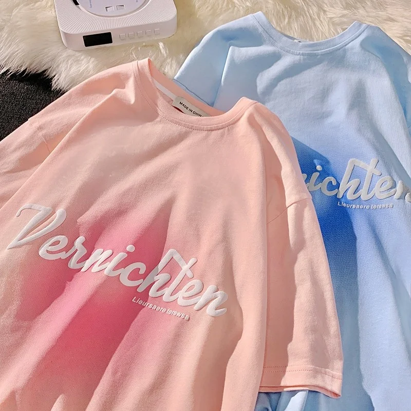 

2023 Summer New Round Neck Short T-shirt Women's Loose Pullover Print Letter Half Sleeve Pink Blue High Quality Top