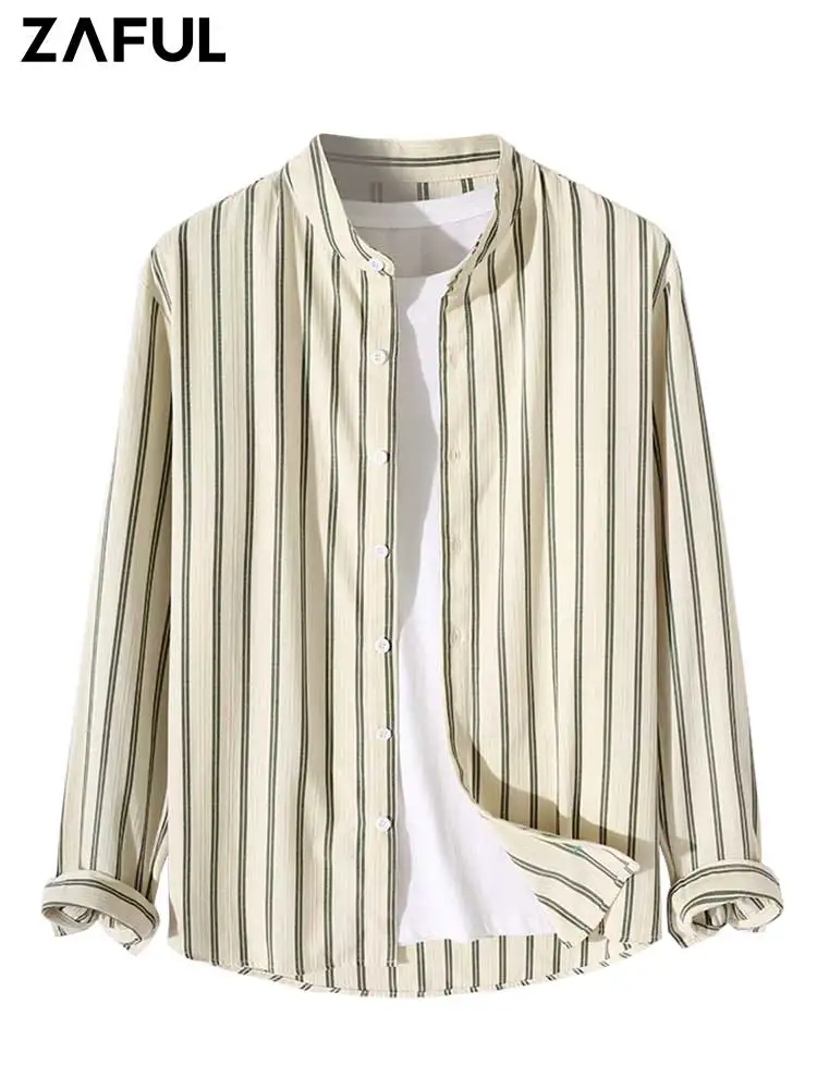 

ZAFUL Cotton Vertical Stripes Men's Shirt Long Sleeves Button-Up Stand Collar Shirt Casual Streetwear Overshirt Tops Z5107523