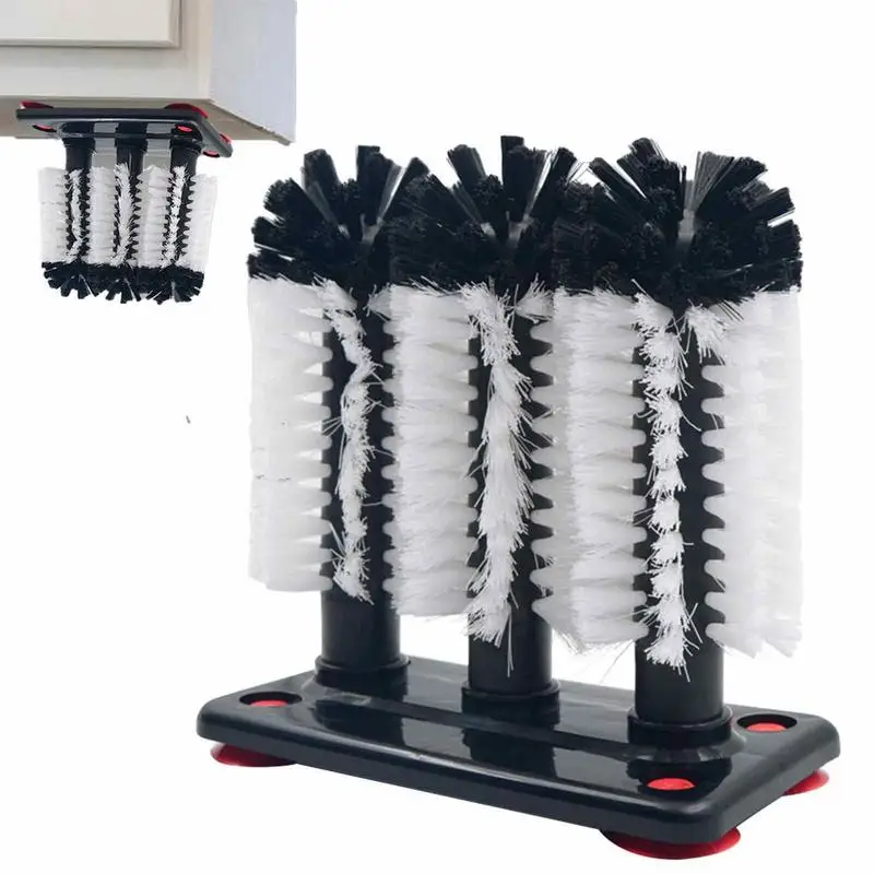 

Triple Brush Glass Washer With Suction Cup Base Prevent Breaking Wine Glasses Brush Cleaner For Bar Household Tools