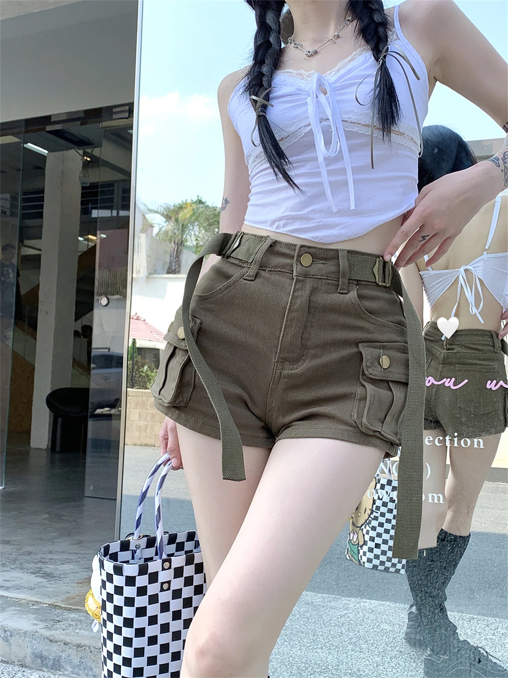 2023 New Spring Summer Women's Wear High Waist Elastic Slim Pocket Cargo Pants Denim Pants Thin Shorts