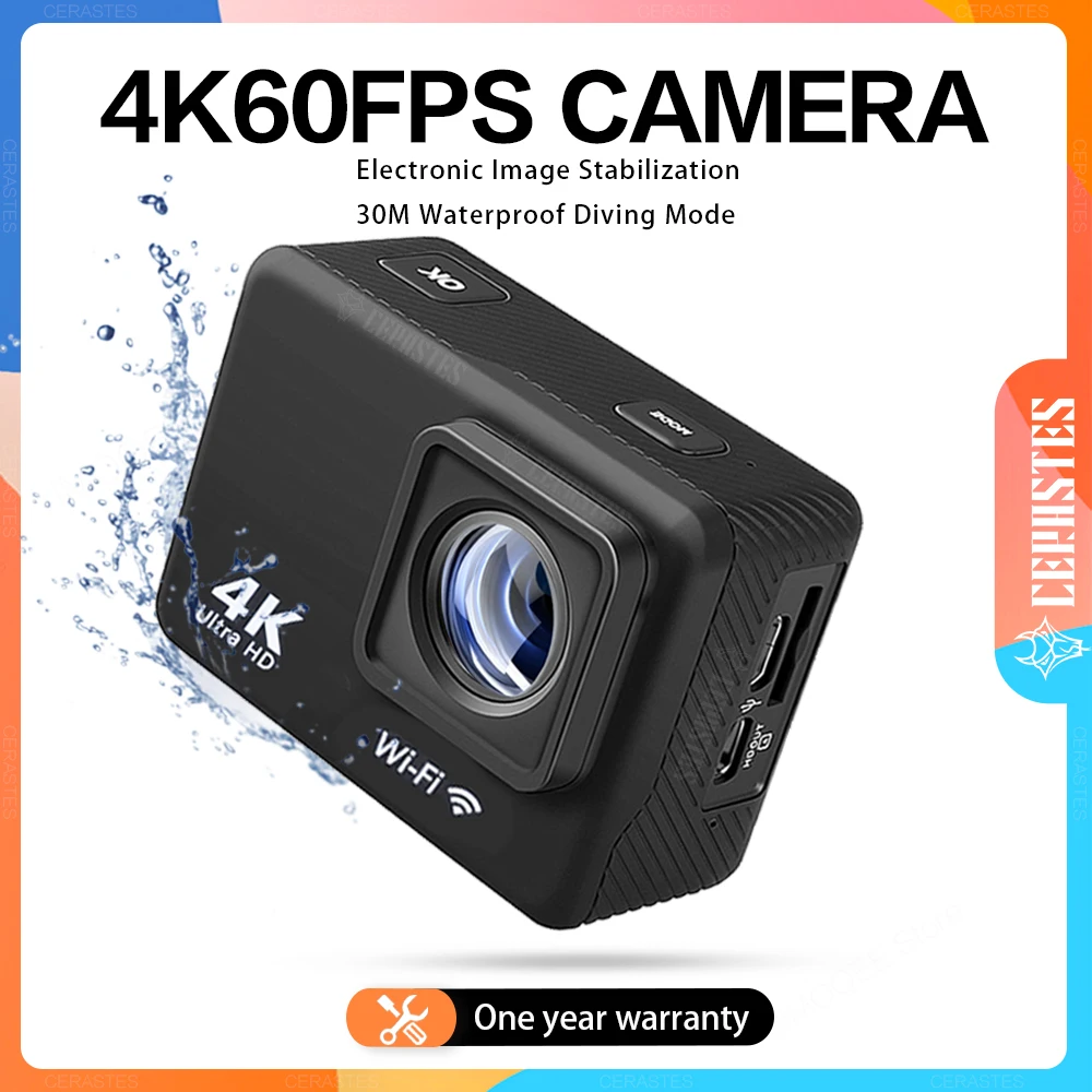 CERASTES Action Camera 4K 60fps/30fps With Remote Control Screen Waterproof Sport Camera drive recorder Sports Camera Helmet