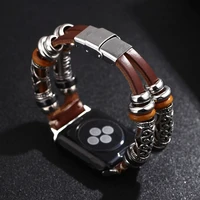 retro handmade beads real leather bracelet for apple watch strap 38mm 40mm 42mm 44mm cowhide apple iwatch series 3 4 5 6 se band