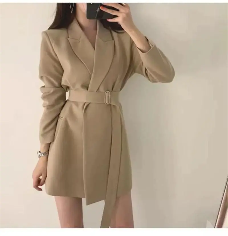 

Spring Autumn Women's Long Blazers Dress Jacket with Belt Notched Outerwear Office Lady Coat England Style Cardigan Blazer Women