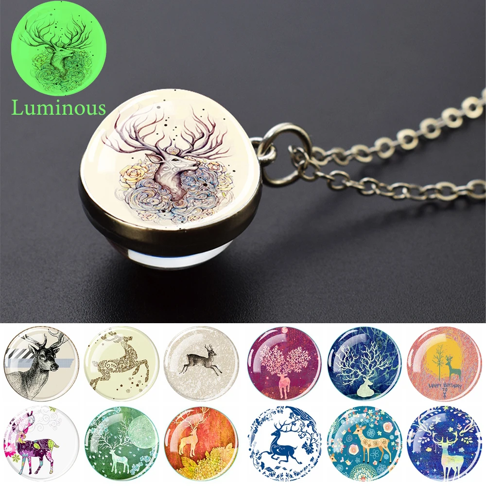 

Elk Necklaces Christmas Deer Glow In The Dark Glass Ball Pendant Double-sided Necklace Women Luminous Choker Chains Jewelry Gift