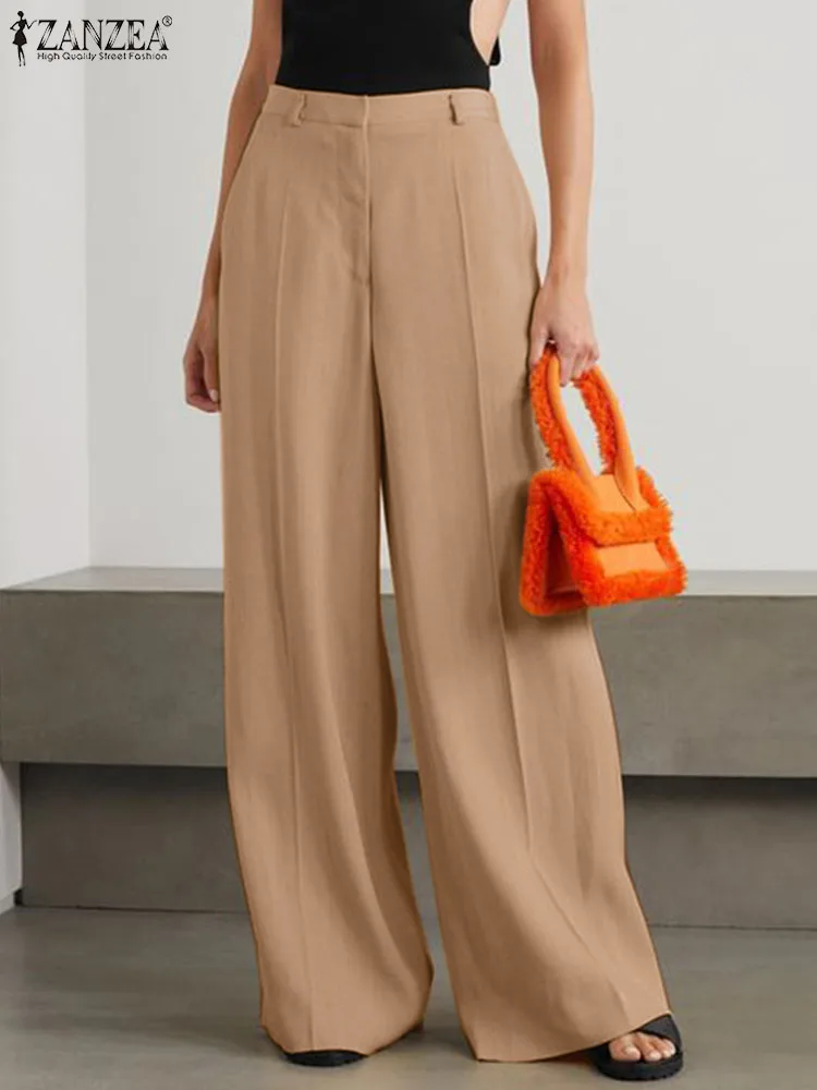 

ZANZEA Femme Casual Street Pants Elegant Wide Leg Pant Summer Woman Fashion Solid Trousers Vintage Bottons Palazzo Oversized