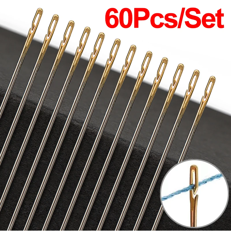 

60Pcs Self Threading Sewing Needles Blind Elderly Side Hole Punch Needles DIY Stainless Steel Clothes Sewing Stitching Pins