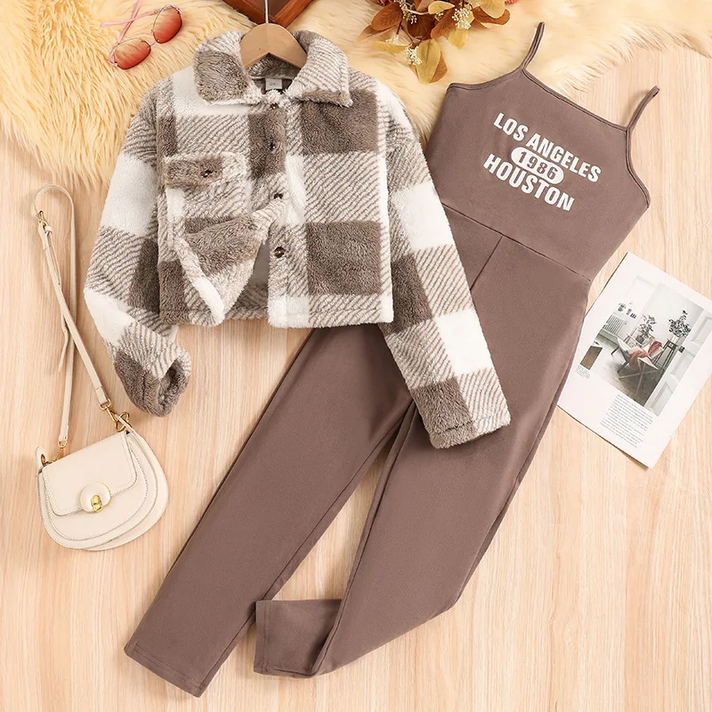 2024 Clothing Set Girls Long Sleeve Turn-down Collar Plaid Coat Letter Brown Ropmers 2 Pcs Sets Casual Clothes 8-12T