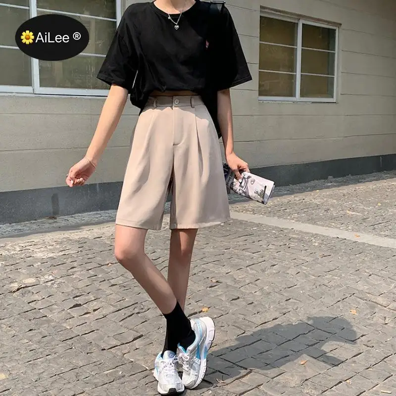 Summer Suit Shorts Women Loose High Waist Fashion Casual Drape Feeling Japan Harajuku Wide Leg Straight Street Girls Shorts