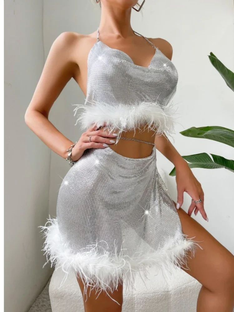 

Solid Sequin Feather Slim Two Piece Set Women Sexy V Neck Halter Backless Crop Tops High Waist Slit Mini Skirts Club Streetwear