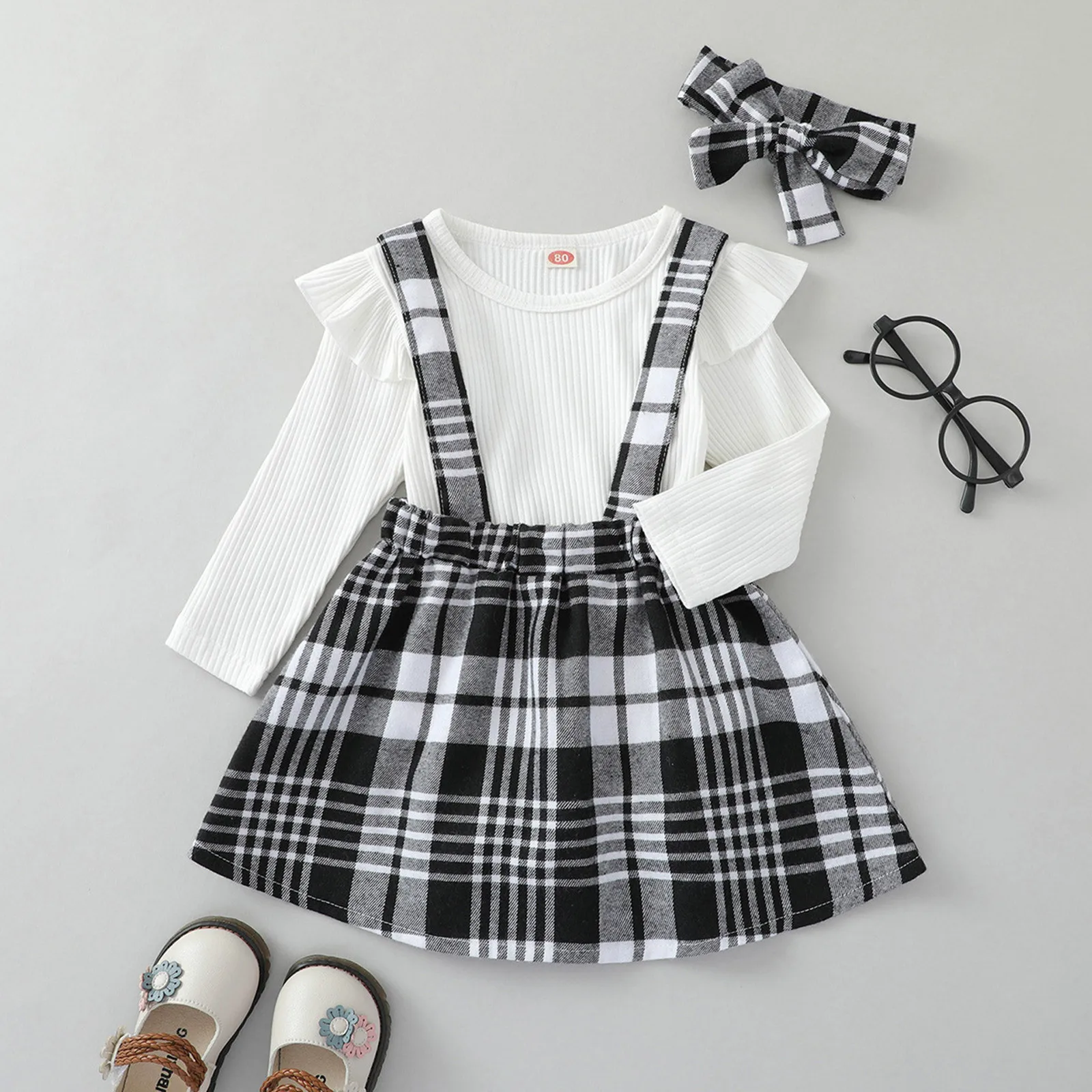 

0-24 Months Newborn Infant Baby Girls Clothes Sets New Spring Long Sleeve Romper Bodysuit Plaid Suspender Dress Headbands Sets