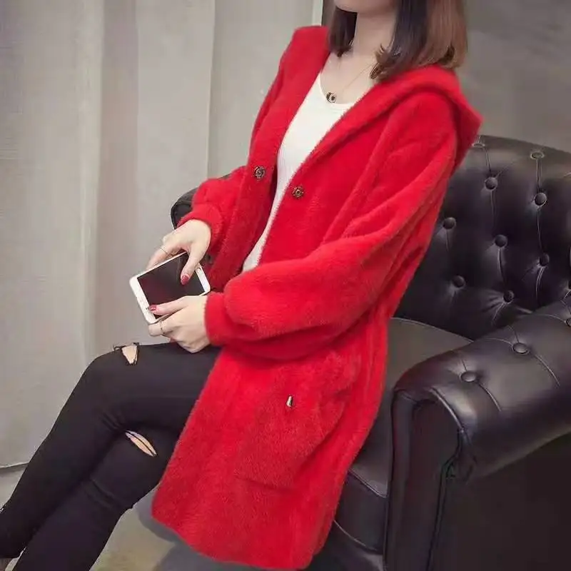 

Autumn Winter Imitation Water Velvet Outwear Women's 2022 New Hooded Loose Long Paragraph Mink Sweater Coat Women Thicken L05