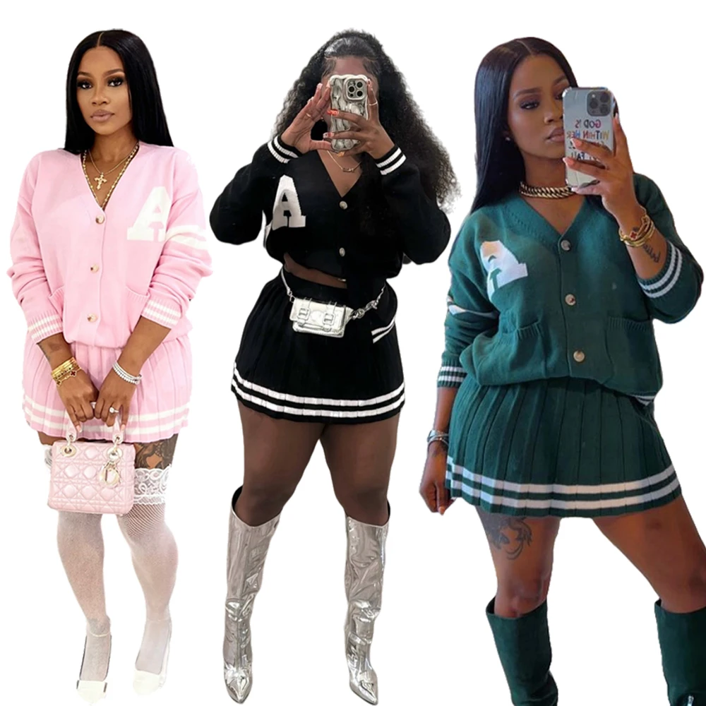 Вязаный плиссированный свитер юбки комплект из двух предметов модная женская