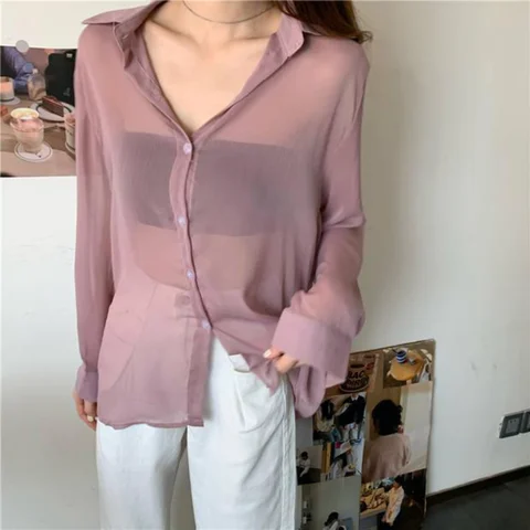 Shirts Women Thin See-through Loose Summer Sun-proof Clothes Streetwear All-match Breathable Fashion Temperament Vintage Chic