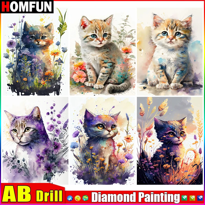 Алмазная живопись HOMFUN AB Кот Цветок полноразмерная 5D Вышивка крестиком