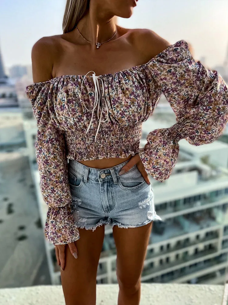 

Женская шифоновая блузка на одно плечо, с цветочным принтом и длинным рукавом