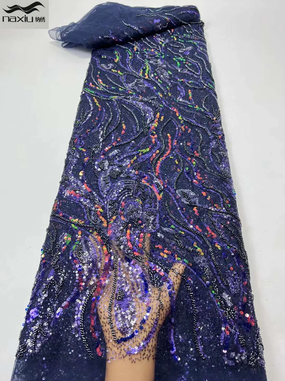 

Madison New arrival Handmade Beaded Lace Fabric for French Wedding Dress Latest Nigeria Embroidery African sequins Lace Fabric