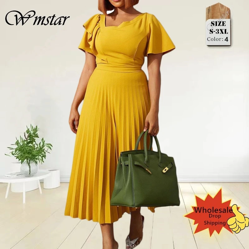 

Wmstar Dresses Women's Clothing Ruffled Short Sleeves Solid Pleated Big Hem Maxi Party Dress Summer 2022 Wholesale Dropshipping