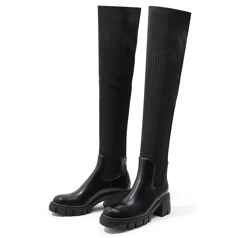 

Сапоги-чулки выше колена для женщин, сетчатые туфли на толстом квадратном каблуке, без застежки, в британском стиле, лаконичная однотонная о...