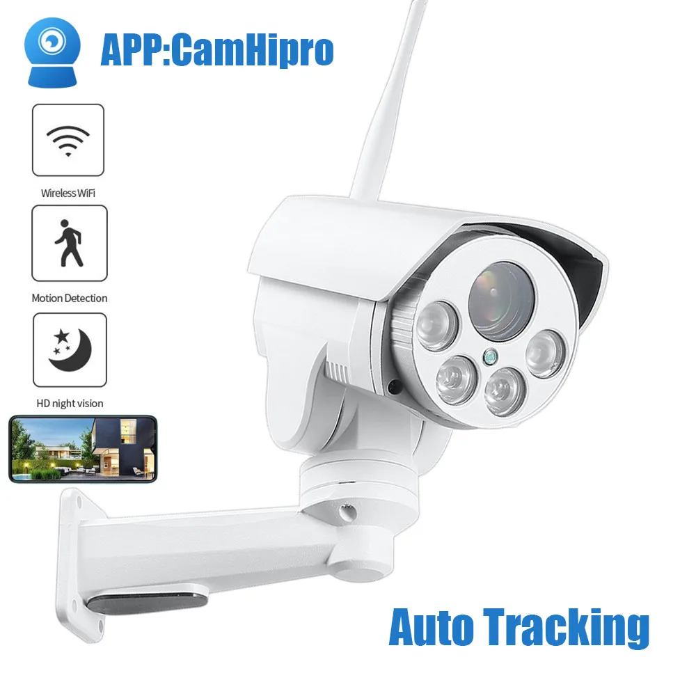 

1080P Wireless Auto Tracking Wifi PTZ IP Camera Street Bullet Pan Tilt 5X 10X Zoom 5MP Audio Recording H.265 IR P2P SD Card Slot